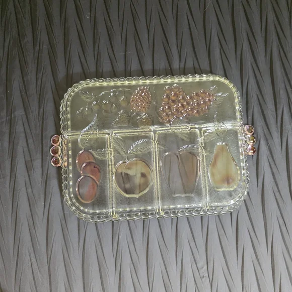 Indiana Glass Fruit Design Divided Tray with Red and Amber Accents - Picture 2 of 3